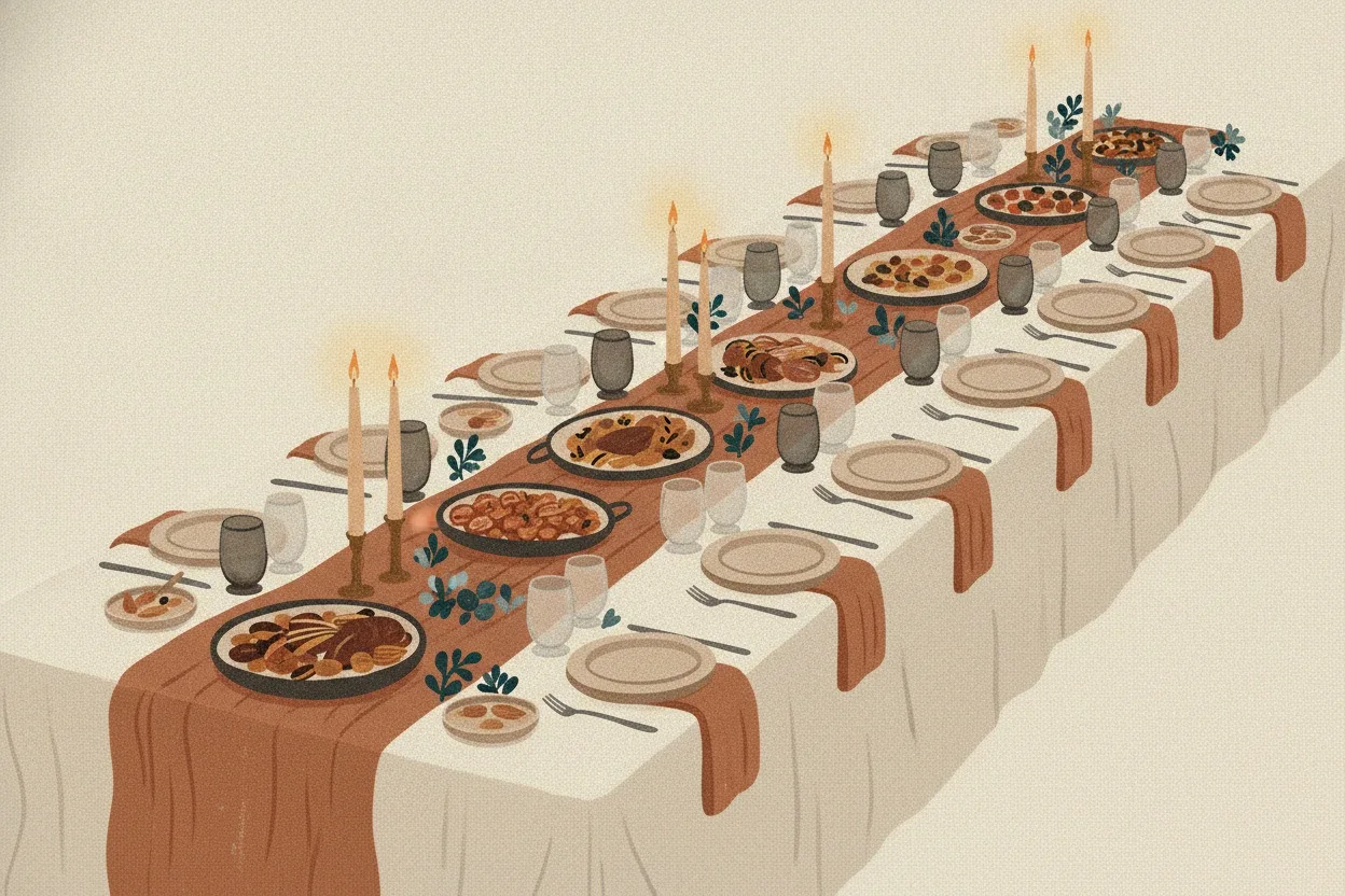 An illustrated wedding table with flowers, candles and linen
